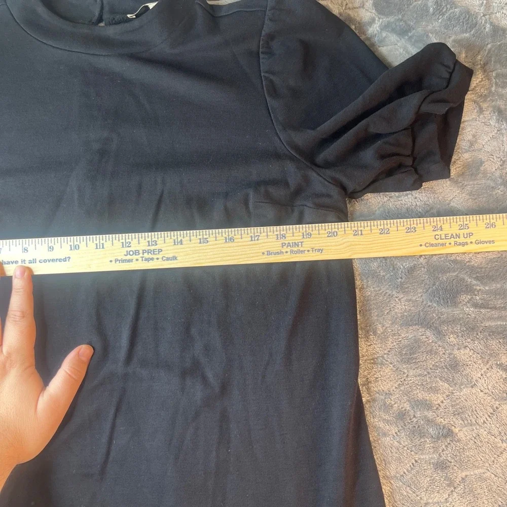 LOFT Black Mock Neck Puff Sleeve Ponte Sheath Dress Size 14 Short Sleeve LBD - Picture 4 of 6